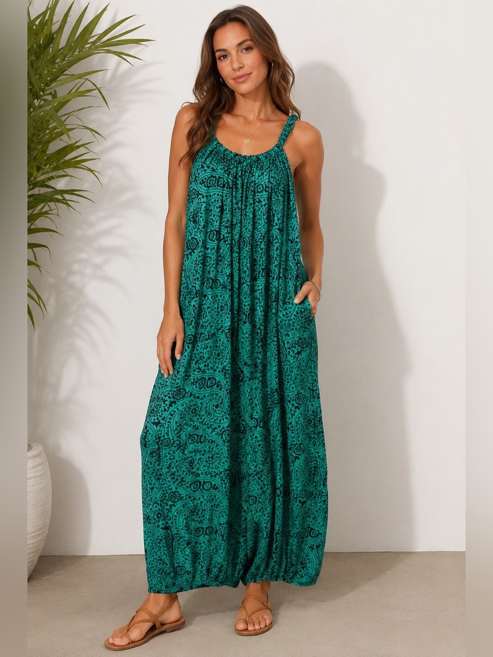 Harem Green Paisley Maxi Dress Boho Festival Beach Cover Up L XL